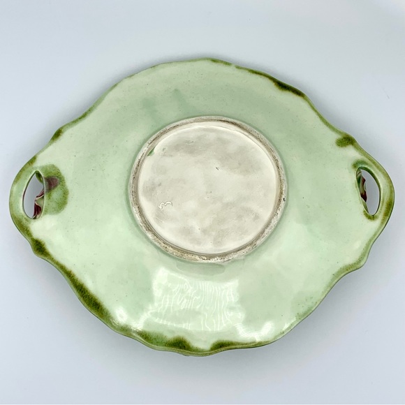 Vintage Majolica Pottery Platter 12” Green Leaves Pink Capodimonte Raised Roses - Picture 11 of 16